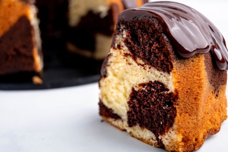Marble bundt cake with chocolate glaze
