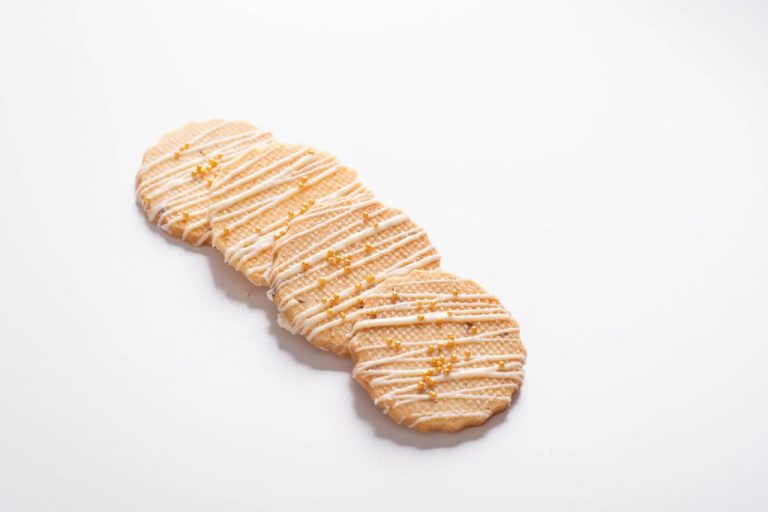 Lavender shortbread cookies drizzled with white chocolate