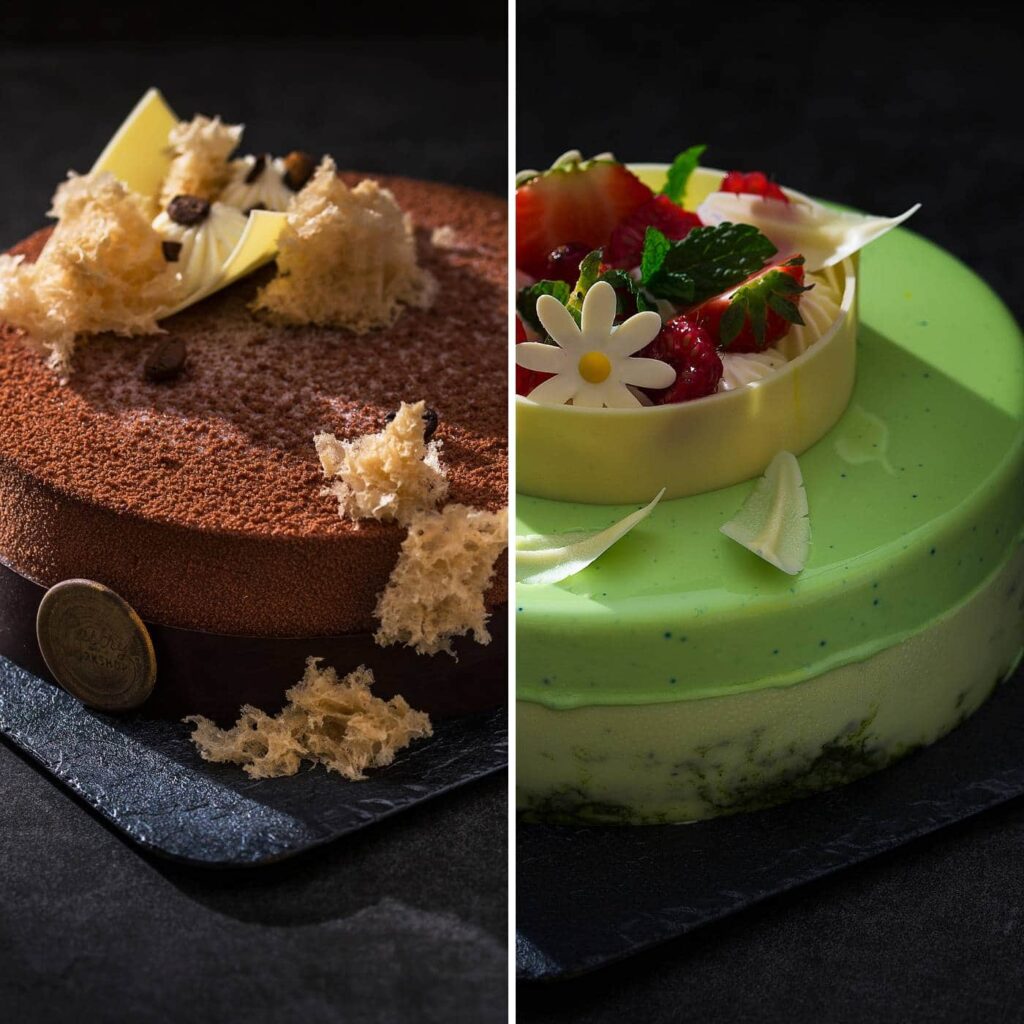 Modern entremets with glossy glazes and decorations