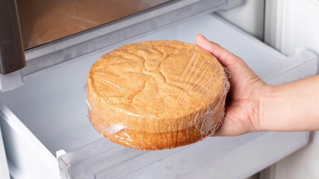 Cake wrapped in cling film in the fridge