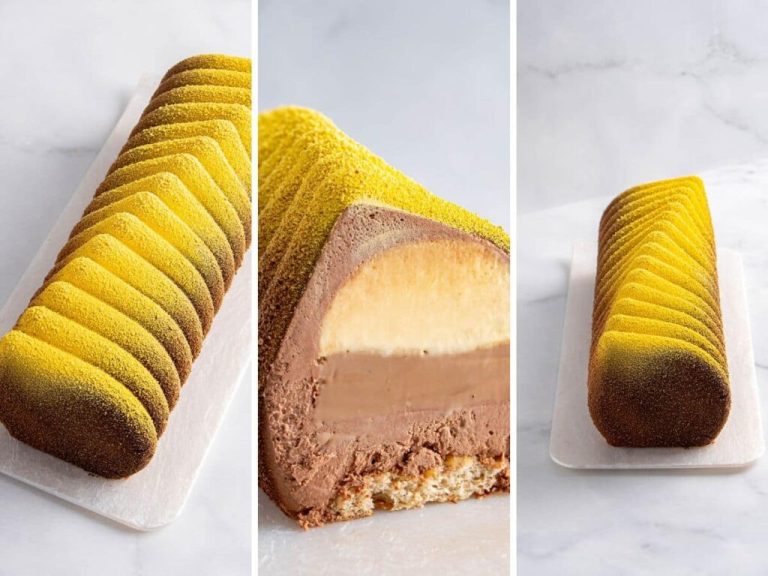 Crème brûlée entremet with a two-tone velvet finish