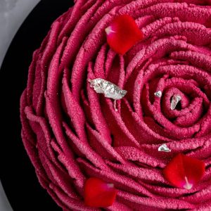 Ruby chocolate and strawberry entremet with piped chantilly petals