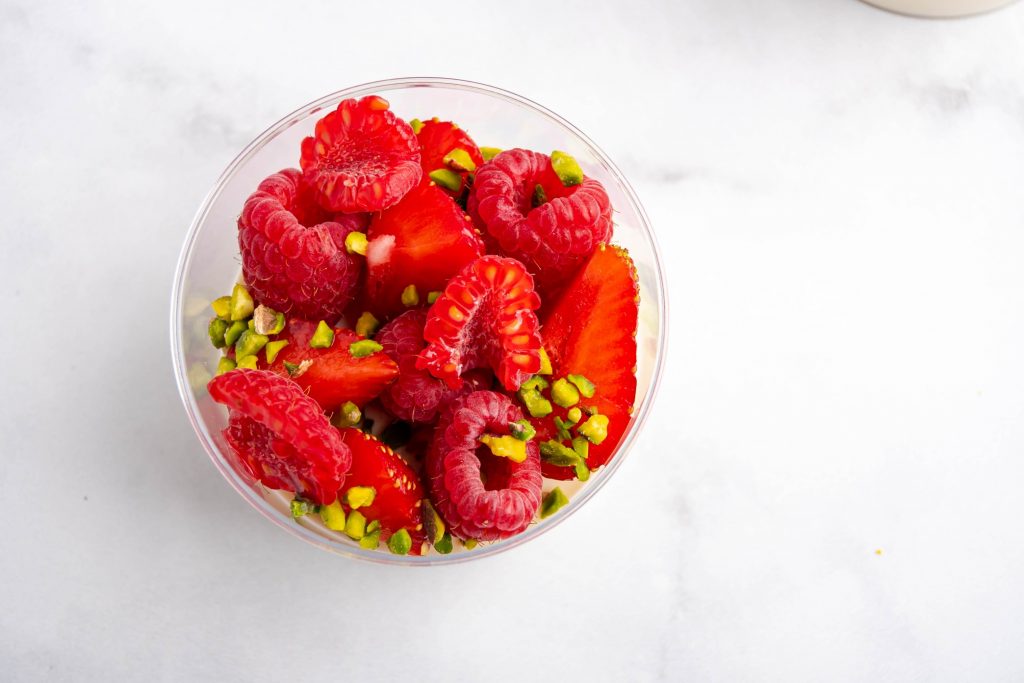 Yoghurt panna cotta topped with fresh fruit
