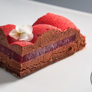 Rouge entremet with dark chocolate and raspberry, finished with a red velvet effect